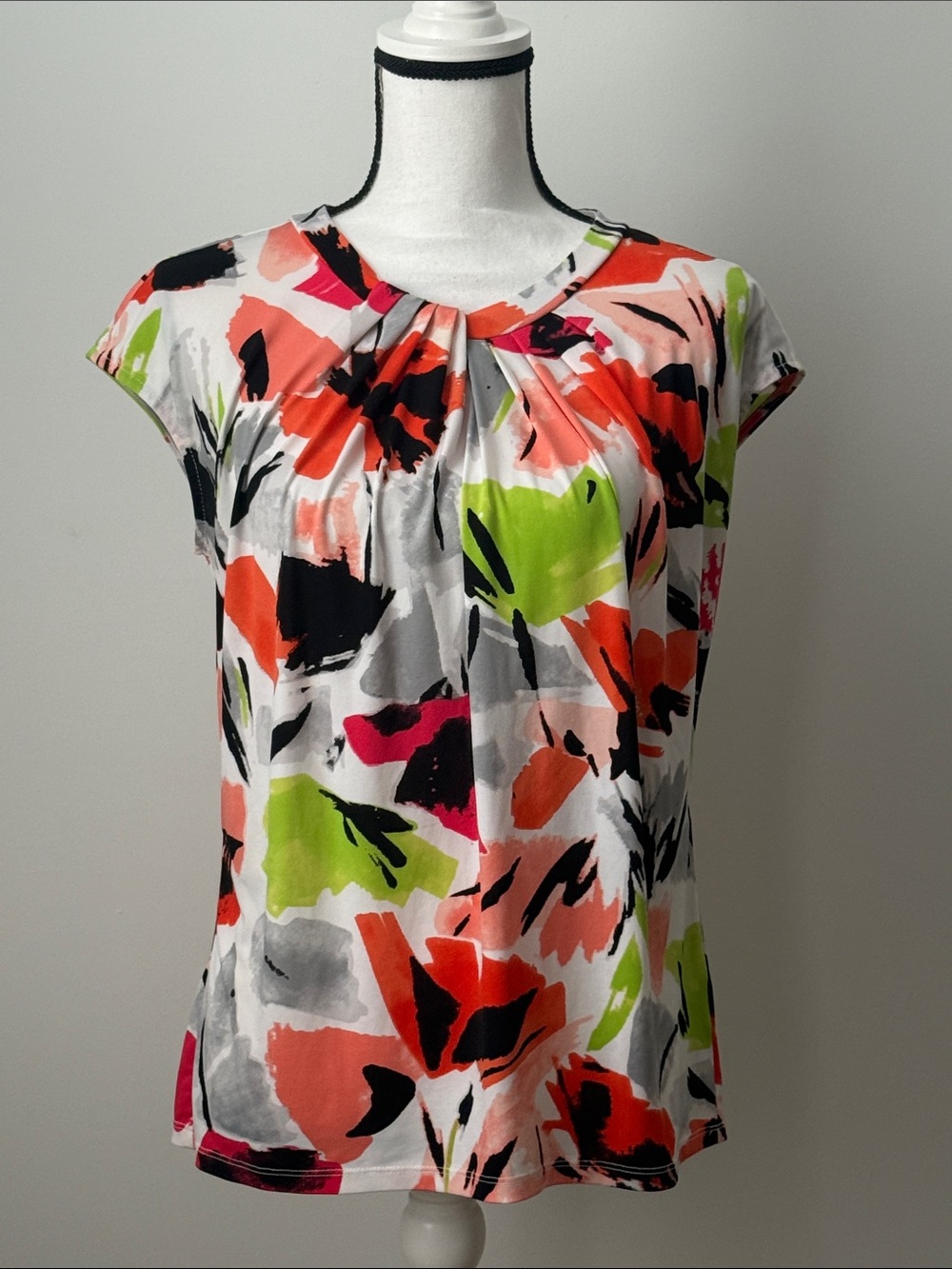 Worthington Abstract Floral Cap-Sleeve Top in Coral, Lime & Black